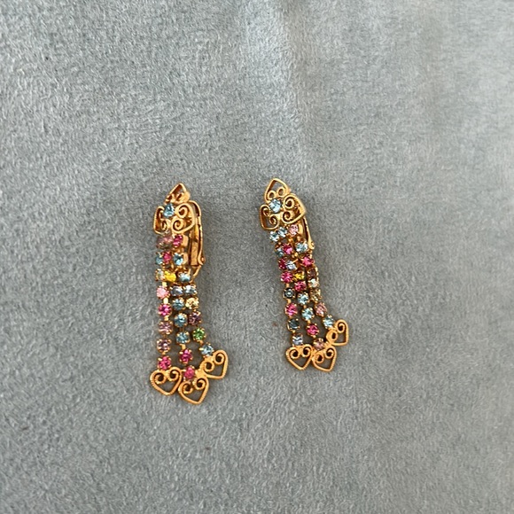 Multicolored rhinestone vintage necklace and clip earring set - Picture 2 of 6